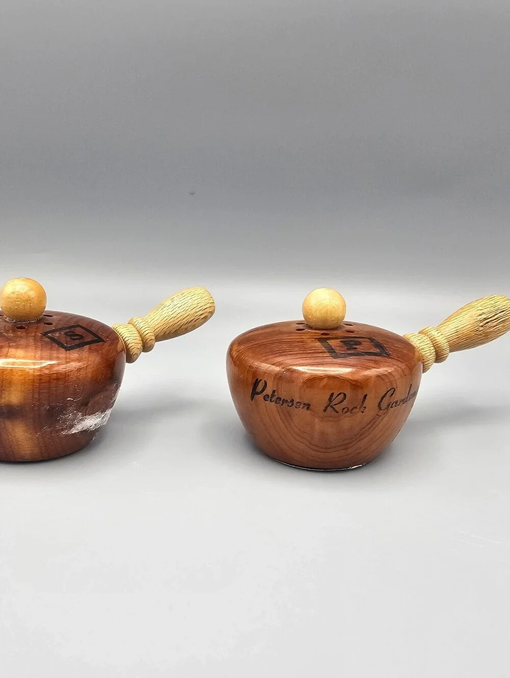 Vintage Petersen Rock Garden Wooden Salt and Pepper Shakers with Handles